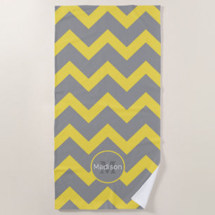 Chevron yellow grey pattern lines stripes Monogram Beach Towel