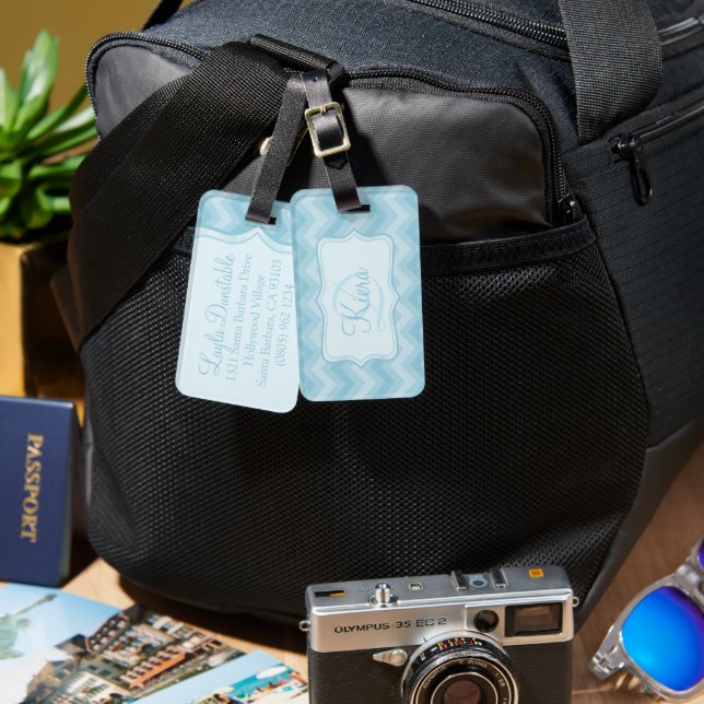 Chevron zig zag blue named luggage tag (Front & Back)