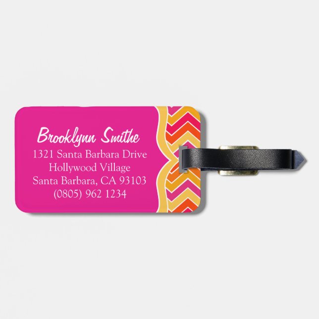 Chevron zig zag bright pink named luggage tag (Back Horizontal)