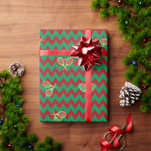 Chevron Zig Zag Ruby Red Green Christmas Tennis Wrapping Paper