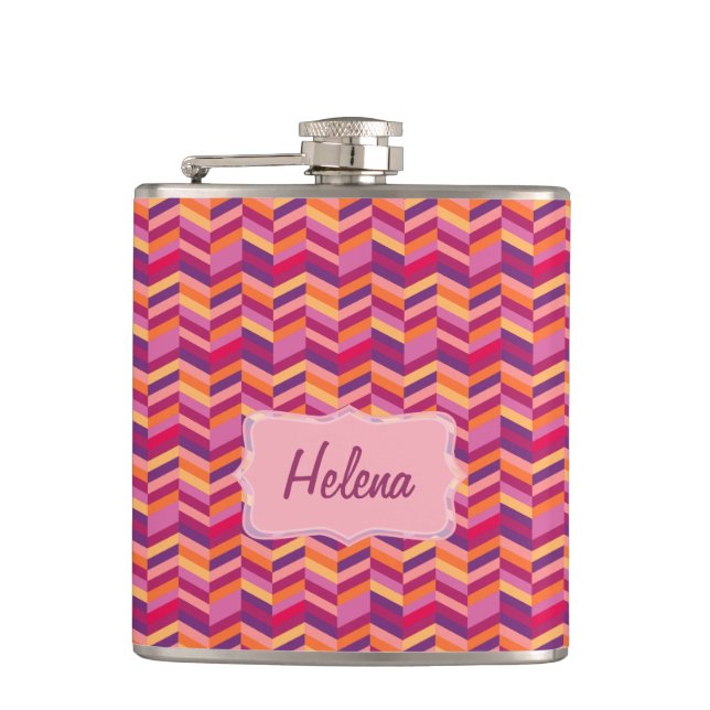 Chevron zigzag pink orange named hip flask (Front)
