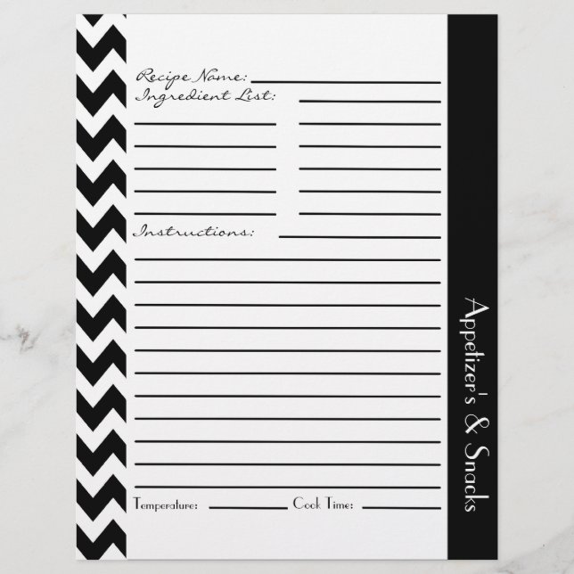 Chevron Zigzag Striped Recipe Sheets - Black White (Front)