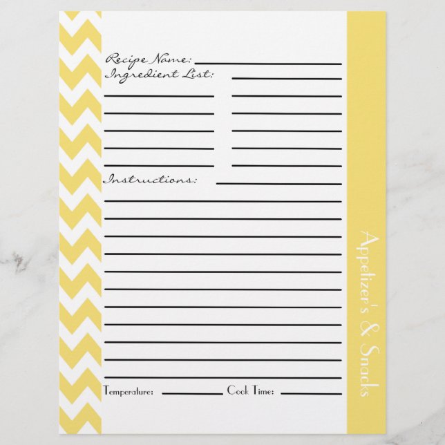 Chevron Zigzag Striped Recipe Sheets - Lemon (Front)