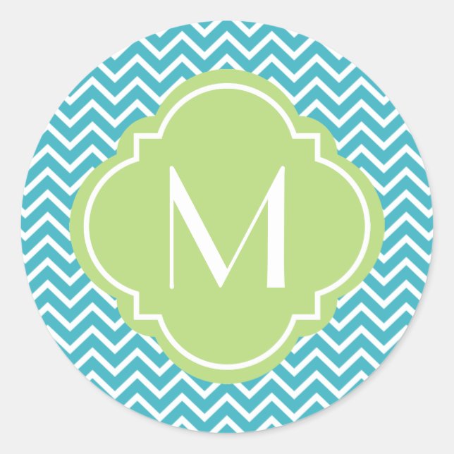 Chevron Zigzag Stripes with Monogram Classic Round Sticker (Front)