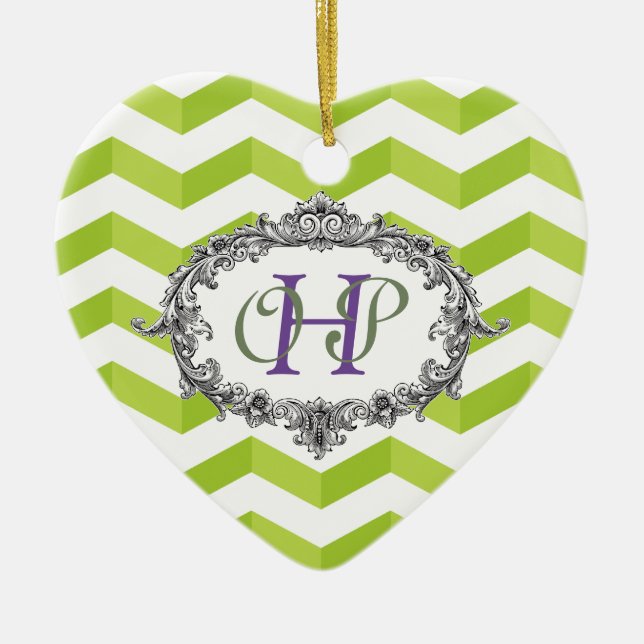 Chevrons and Oval Frame w/ Monogram Personalise Ceramic Tree Decoration (Front)