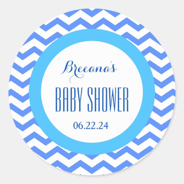 CHEVRONS Boy Baby Shower Name Date V06 BLUE Classic Round Sticker (Front)