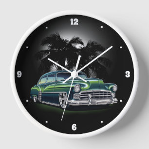 Chevy Fifties Green Low Rider Palm Trees Graphic Clock
