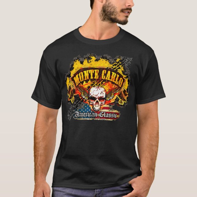 Chevy Monte Carlo - Burnout Banner Skull -n- Flag T-Shirt (Front)