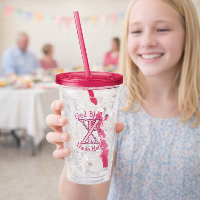 Chi Ro Christian Cross Pink Personalized Acrylic Tumbler (Personalized acrylic tumbler with pink Christian ChiRo Cross. Above reads GOD BLESS. Below, name.)