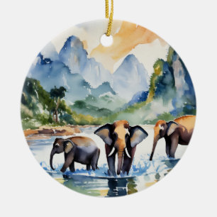 Chiang Mai Elephants Thailand Watercolor Ceramic Tree Decoration