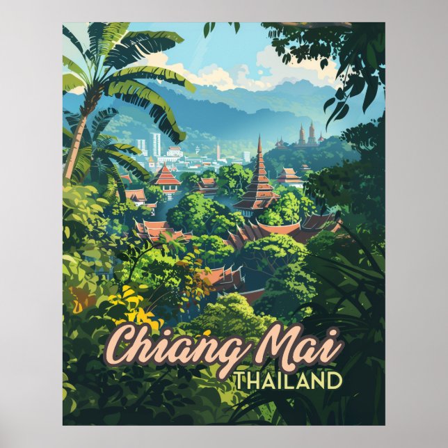 Chiang Mai Thailand Asia Temples Mountains Vintage Poster (Front)
