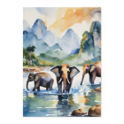 Chiang Mai Thailand Elephants Watercolor Postcard