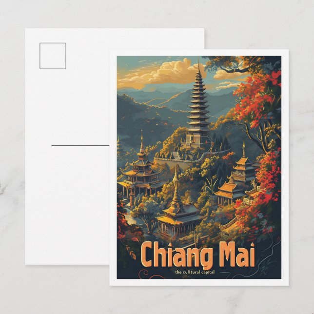 Chiang Mai Thailand Vintage Travel Illustration Postcard (Front/Back)