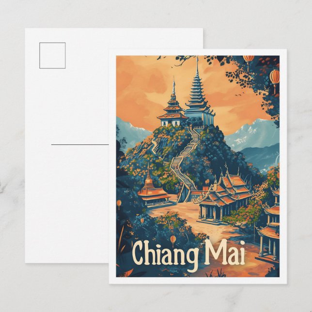 Chiang Mai Thailand Vintage Travel Illustration Postcard (Front/Back)