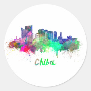 Chiba skyline in watercolor classic round sticker
