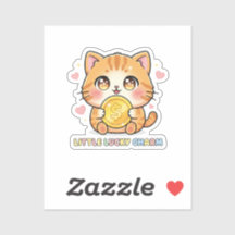 Chibi Anime Cat Holding Gold Coin Cute Sticker