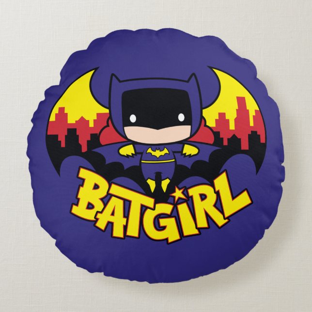 Chibi Batgirl With Gotham Skyline & Logo Round Cushion (Front)