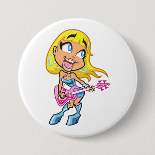 Chibi Blonde Girl Rocker Playing Pink Bass Guitar 7.5 Cm Round Badge