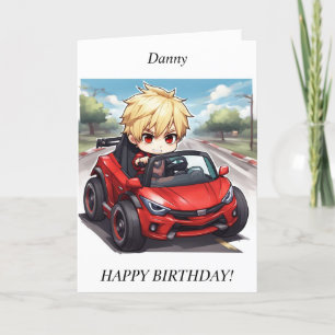Chibi Boy racing car Birthday Card