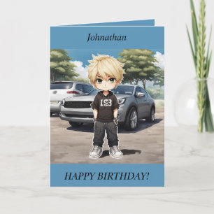 Chibi Boy standing by a car Birthday Card