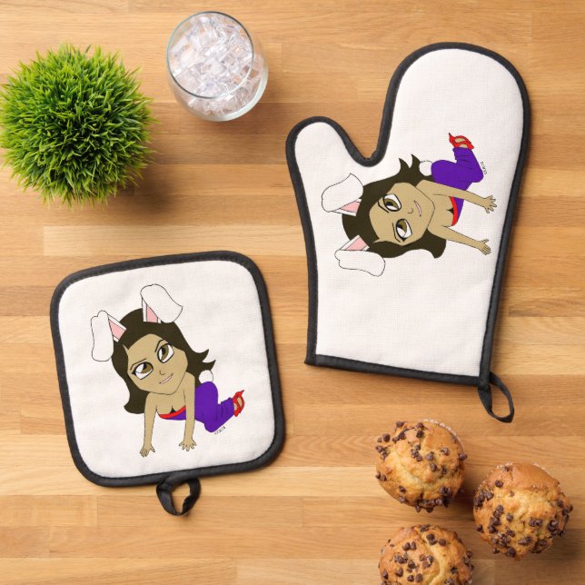 chibi bunnygirl     oven mitt & pot holder set (Top Down)