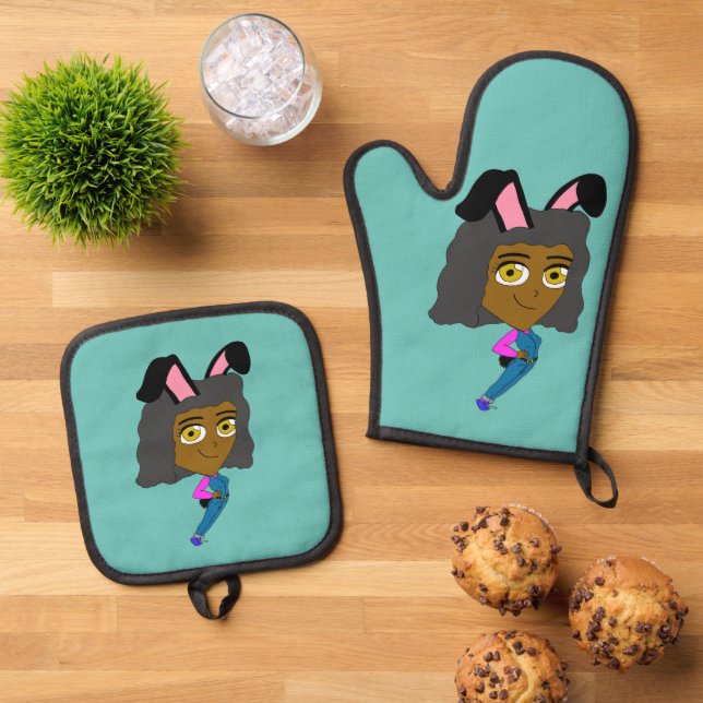 chibi bunnygirl    oven mitt & pot holder set (Top Down)