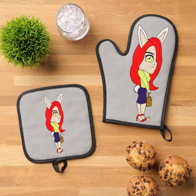 chibi bunnygirl oven mitt & pot holder set (Top Down)