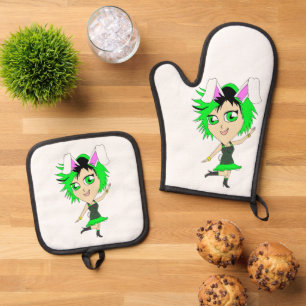 chibi bunnygirl     oven mitt & pot holder set
