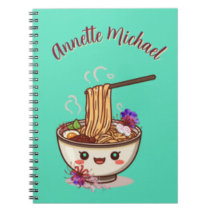 Chibi Cartoon Mint Green Ramen Bowl Japanese Flora Notebook