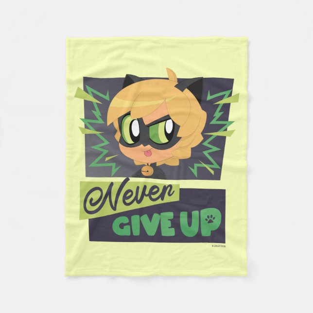 Chibi Cat Noir Never Give Up Fleece Blanket (Front)