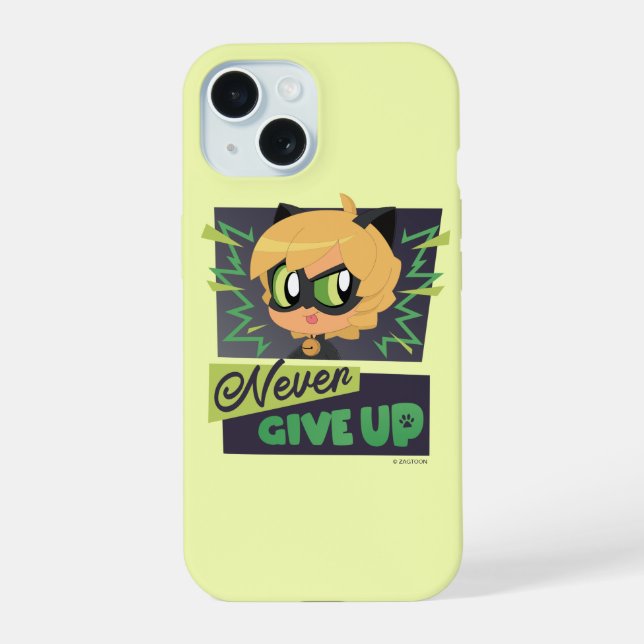 Chibi Cat Noir Never Give Up iPhone 15 Case (Back)