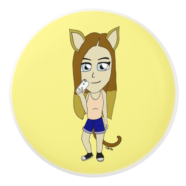 Chibi Catgirl Ceramic Knob (Front)