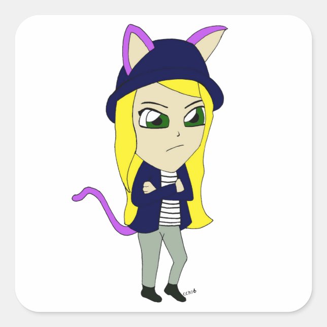 chibi catgirl  square sticker (Front)