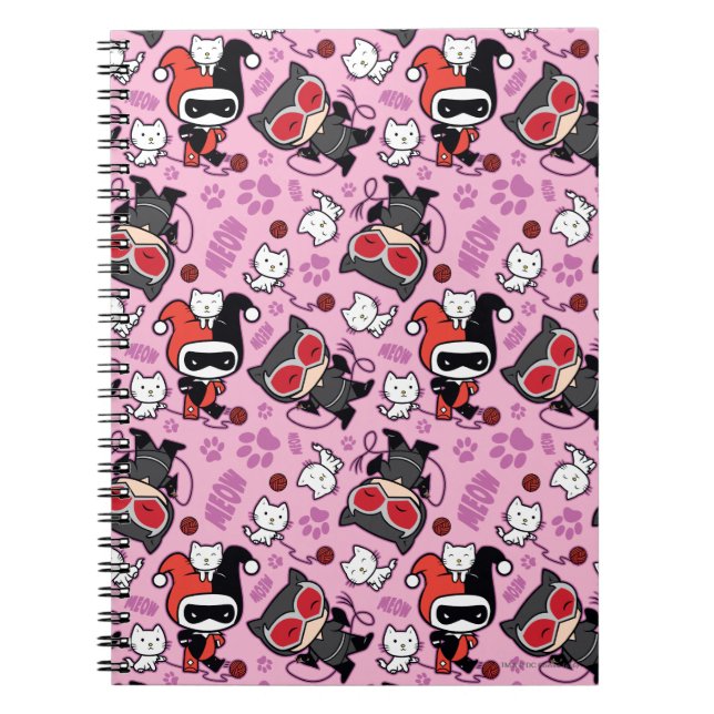 Chibi Catwoman, Harley Quinn, & Kittens Pattern Spiral Notebook (Front)