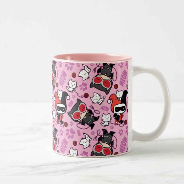 Chibi Catwoman, Harley Quinn, & Kittens Pattern Two-Tone Coffee Mug (Right)