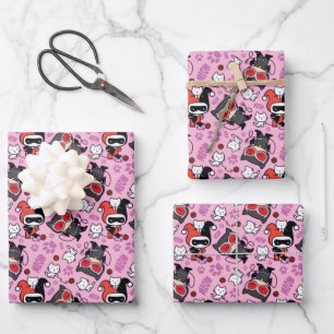 Chibi Catwoman, Harley Quinn, & Kittens Pattern Wrapping Paper Sheet