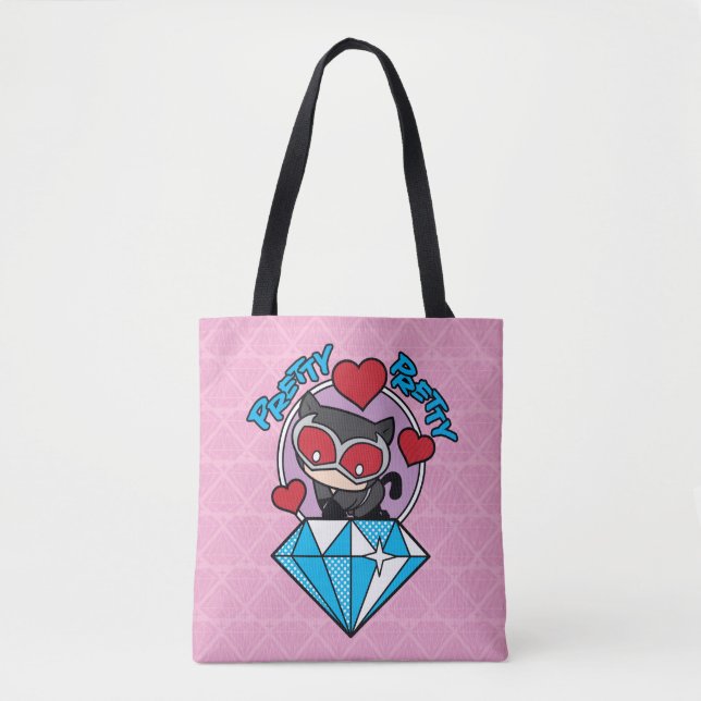 Chibi Catwoman Sitting Atop Large Diamond Tote Bag (Front)