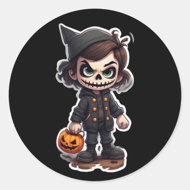 Chibi character wearing skeleton halloween costume classic round sticker (Front)