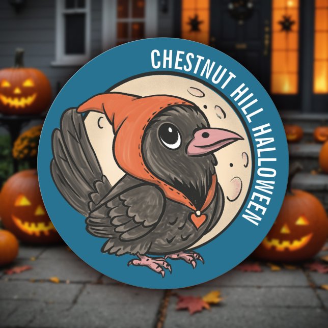 Chibi Crow & Full Moon Cute Halloween School Treat Classic Round Sticker (Chibi crow in orange hood with harvest moon - cute, customizable Halloween sticker design.)