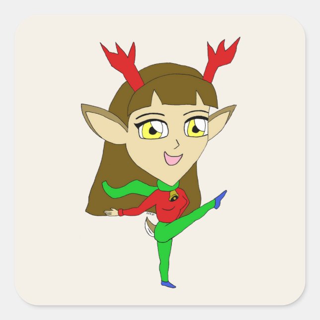 chibi dancing reindeer girl      square sticker (Front)