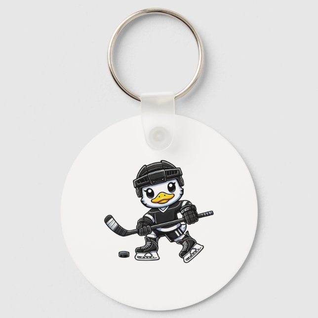 Chibi Duck Playing Ice Hockey Cute Design  Key Ring (Front)