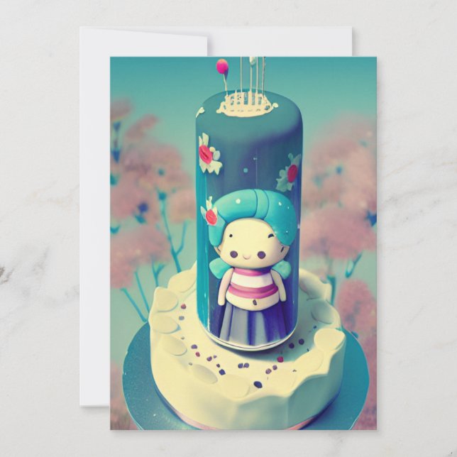 Chibi faery grandma birthday cake green red flower holiday card (Front)