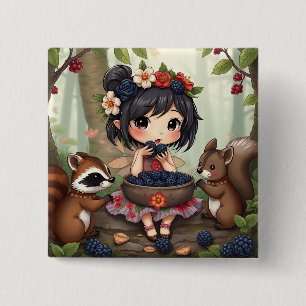 Chibi Fairy Eating Blackberries with Forest Friend 15 Cm Square Badge