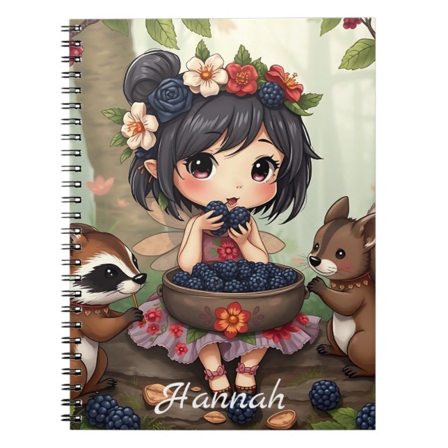 Chibi Fairy Eating Blackberries with Forest Friend Notebook (Front)