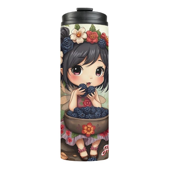 Chibi Fairy Eating Blackberries with Forest Friend Thermal Tumbler (Front)