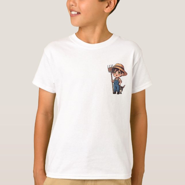 Chibi Farmer Boy with Pitchfork and Donkey Kids T-Shirt (Front)