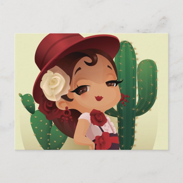 Chibi flamenco in spanish hat and cactuses postcard (Front)