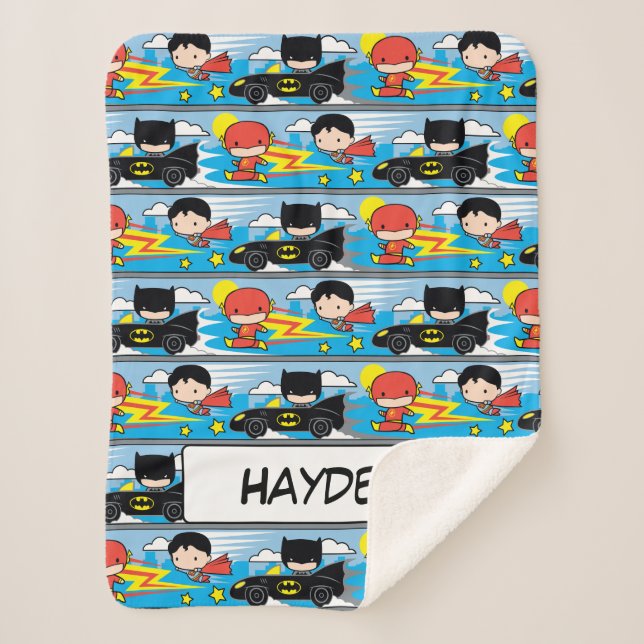 Chibi Flash, Superman, and Batman Racing Pattern Sherpa Blanket (Front)