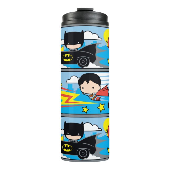 Chibi Flash, Superman, and Batman Racing Pattern Thermal Tumbler (Front)