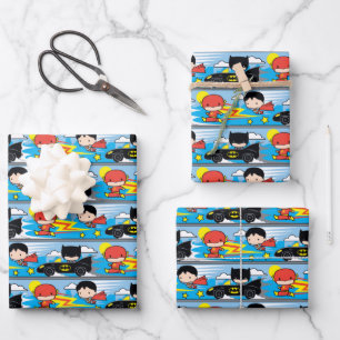 Chibi Flash, Superman, and Batman Racing Pattern Wrapping Paper Sheet